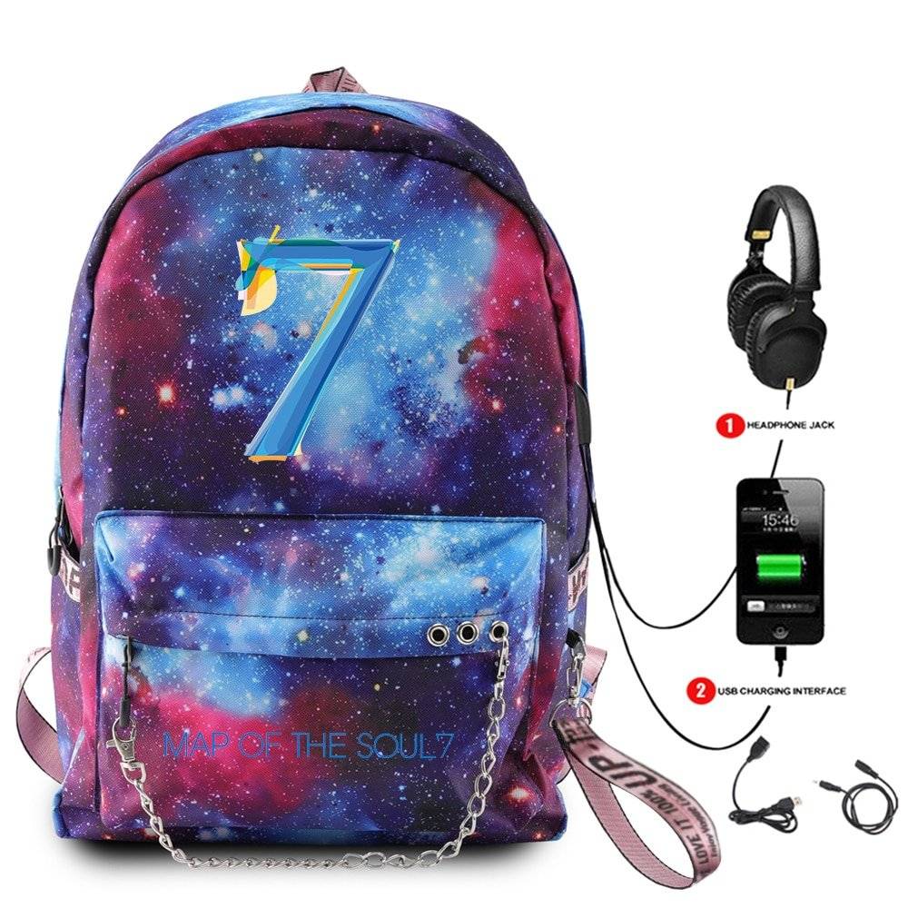 BTS Bangtan K-pop Unisex Galaxy Travel Rucksack Backpack School Bag with  Earphone & USB Charging Cable