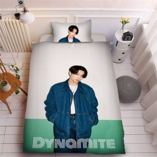 BTS Dynamite Three-piece Digital Printed 3D Bed Sheet Duvet Cover-Fans Collection BTS Dynamite Merch For Bedroom Color: SUGA|RAP MONSTER|JUNG KOOK|JIMIN|V|JIN|J-HOPE