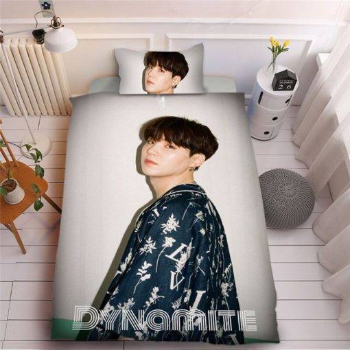 BTS Dynamite Three-piece Digital Printed 3D Bed Sheet Duvet Cover-Fans Collection BTS Dynamite Merch For Bedroom Color: SUGA|RAP MONSTER|JUNG KOOK|JIMIN|V|JIN|J-HOPE
